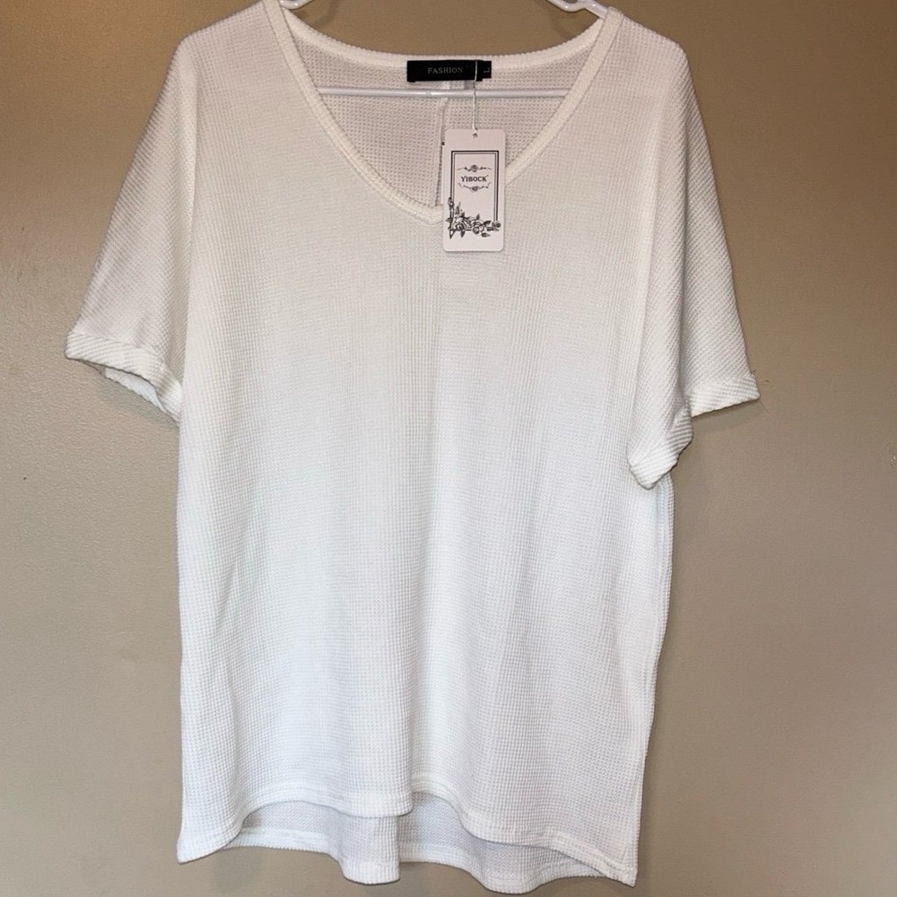 NWT White Waffle Knit T-Shirt, Short Sleeve, Women's Size Large